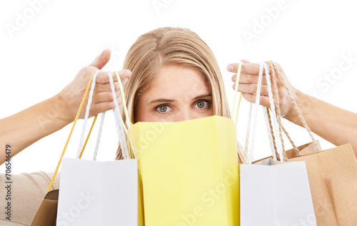 Shopping bag, face and woman in portrait, retail and fashion with customer in studio and sale on white background. Discount at store, gift and choice with commercial, eyes and product from market photo