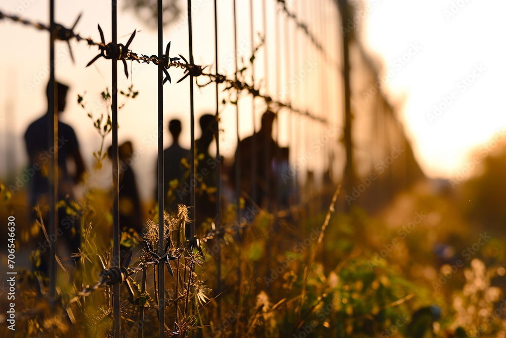  Queue of refugees along a high border fence with berbed wire. Imigration crisis. War and climate change. Generative AI - obrazy, fototapety, plakaty 