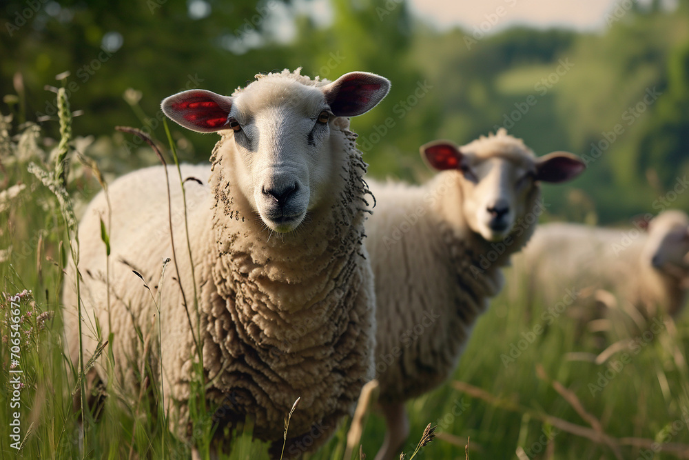 Obraz premium Happy sheep roaming free on farm meadow. Farm animal welfare and care. Generative Ai