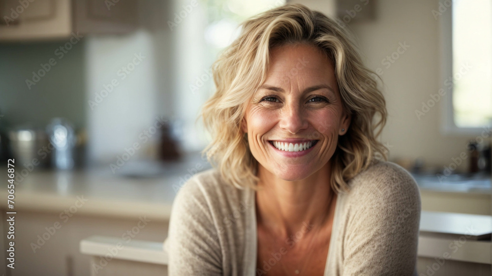 Fototapeta premium Closeup of woman Beautiful beautiful middle aged woman 60 years old beautiful elderly senior model laughing and smiling sitting in the in the kitchen of her home, space for text