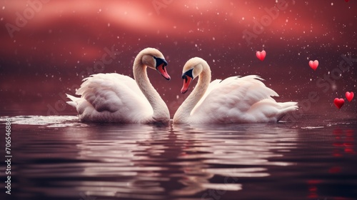 Two white swans in love on the lake with red hearts.