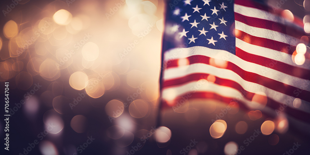 The United States of America USA flag with colorful shiny bokeh light background. Nation flag in the dark with illumination light. National day concept. - obrazy, fototapety, plakaty 