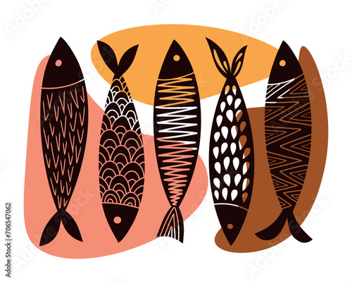 Set of abstract and modern sardines colorful. Vector hand-drawn illustration