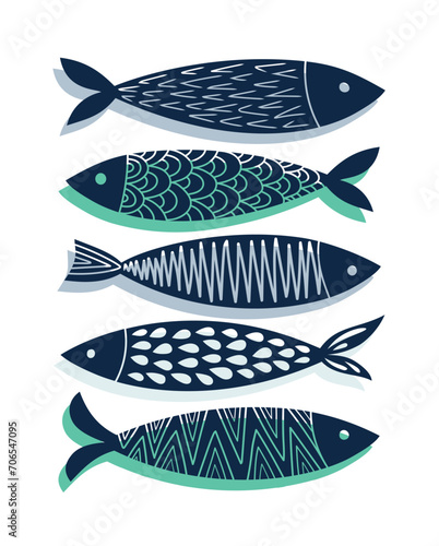 Set of abstract and modern sardines. Vector hand-drawn illustration