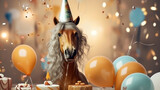 a horse with a mane in a festive cap among confetti and balls