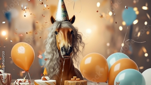 a horse with a mane in a festive cap among confetti and balls photo