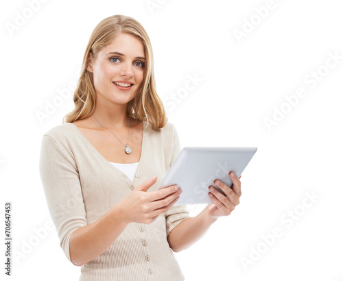 Portrait, smile and woman with a tablet, typing and internet isolated on a white studio background. Face, person and model with technology, mockup space and social media with digital app and network