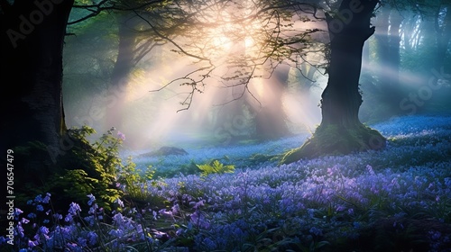 Misty Bluebell Wood at Dawn - AI Generated