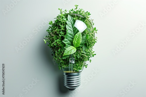 eco green light bulb with leaves inside, in the style of photo-realistic landscapes, global imagery, sustainable design, shaped canvas, highly detailed foliage, white background, generative ai photo