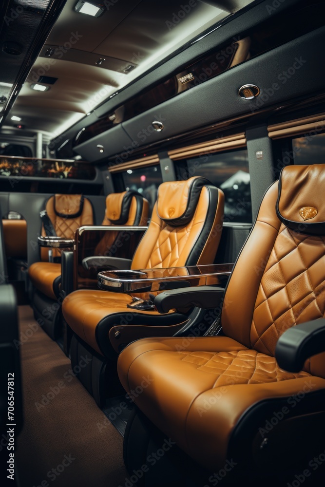 Interior of the modern bus with leather seats and armrests, welcoming transfer service3s concept