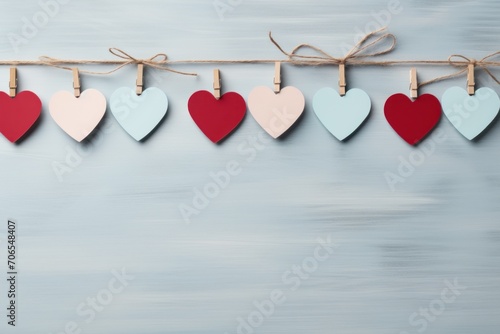 Colorful hearts hanging on rope on wooden background, valentines day concept