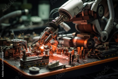photo of a robotic arm assembling electronic components. Generative AI