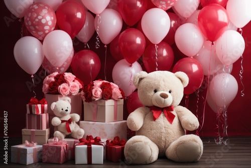 Bear toy with gift boxes and balloons on Valentine's Day.