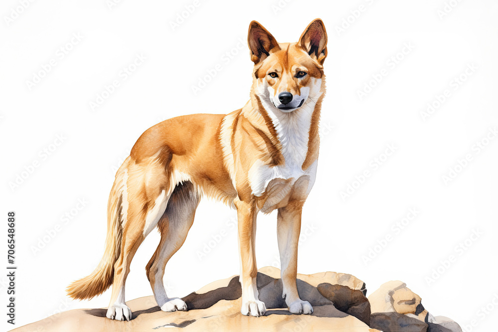 An adult dingo, Canis lupus dingo, standing on a rocky outcrop. Digital watercolour on white background. 