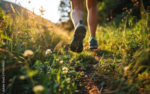 Healthy feet rhythmically pound the trail while running through a lush field, exemplifying an active and vibrant outdoor lifestyle.