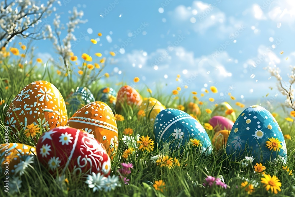 Decorated Easter eggs on green grass on a sunny spring day
Decorated Easter eggs on green grass on a sunny spring day