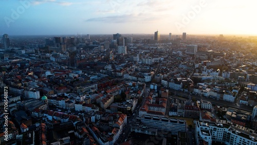 Aerial around the capital city Brussels in Belgium on an early morning in late fall.
