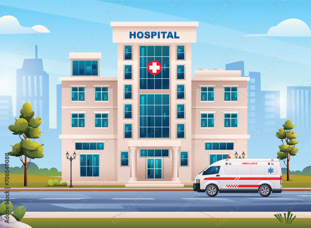 Hospital building with ambulance emergency car and city landscape. Vector cartoon illustration