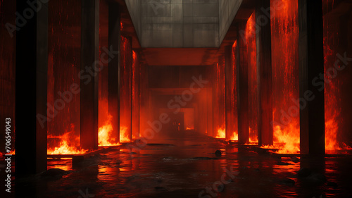 Um cenário subterrâneo, com colunas robustas e chamas ardentes entre elas. A iluminação vermelha e laranja reflete em poças d'água. Conceito dramático  photo