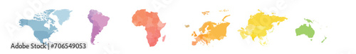 Set of six world continent maps in a row - North America, South America, Africa, Europe, Asia and Australia. Flat vector map with country name labels