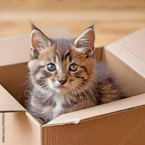 Tabby kitten sitting in a generic brown cardboard box © driftwood
