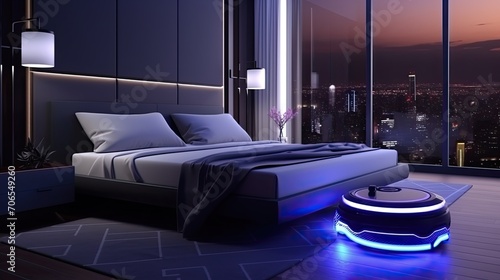 The robot vacuum works well in a modern day bedroom, in the style of realistic hyper-detailed  photo