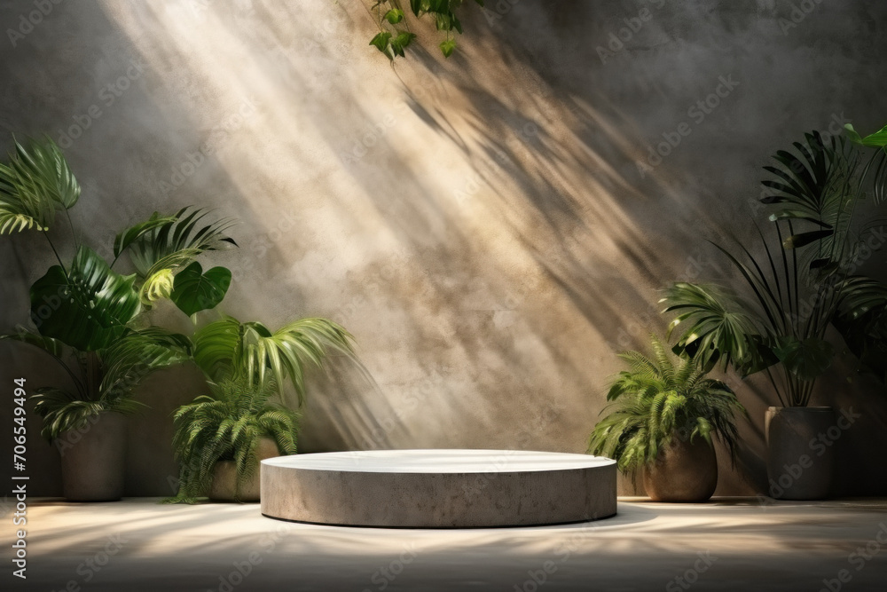 Sunlit circular podium with plants and textured backdrop Sunlit circular podium with plants and textured backdrop