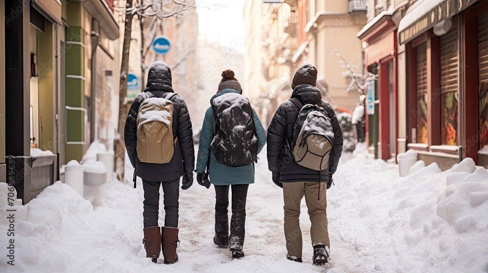 tres jovenes con ropa de abrigo paseando por una calle mientras nieva, con fondo desenfocado de calle comercial