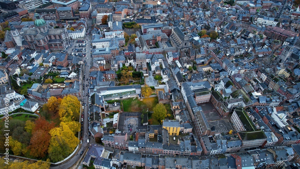 Aerial around the city Namur in Belgium on a sunny afternoon in later fall.