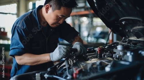 With skilled hands, the Asian master diligently focuses on car engine repairs in the forefront of a light-colored car service