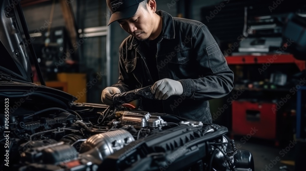 With skilled hands, the Asian master diligently focuses on car engine repairs in the forefront of a light-colored car service, With skilled hands, the Asian master diligently focuses on car engine repairs in the forefront of a light-colored car service,