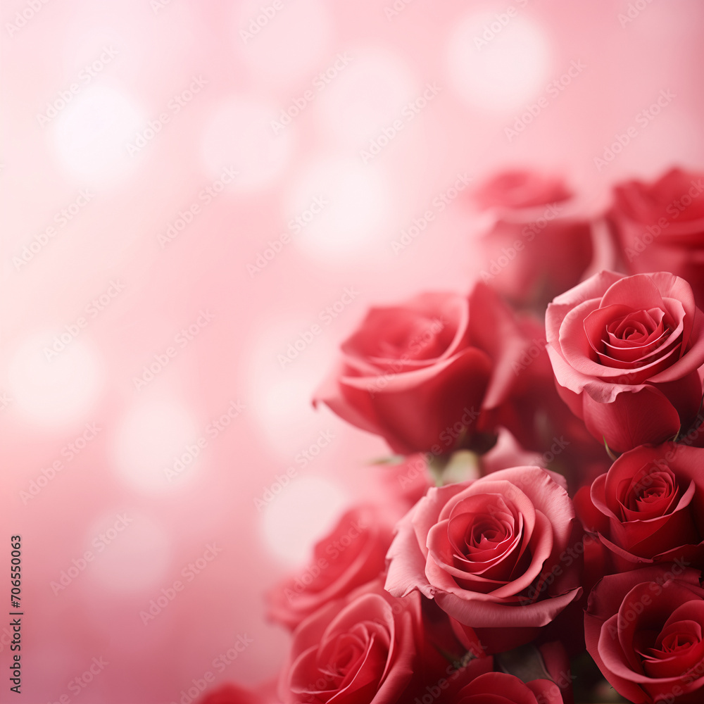 Rose Bouquet, red and pink roses flowers isolated on a blurred background with bokeh. Free space on the left. Postcard, gift certificate or promotional product design for Valentine's Day, flower store Rose Bouquet, red and pink roses flowers isolated on a blurred background with bokeh. Free space on the left. Postcard, gift certificate or promotional product design for Valentine's Day, flower store