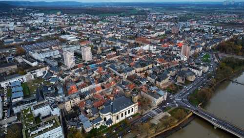 Aerial around the city Thionville in France on a sunny noon in later fall.