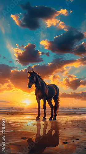 A brown horse standing on top of a sandy beach under a cloudy blue and orange sky with a sunset. Ai generative © john