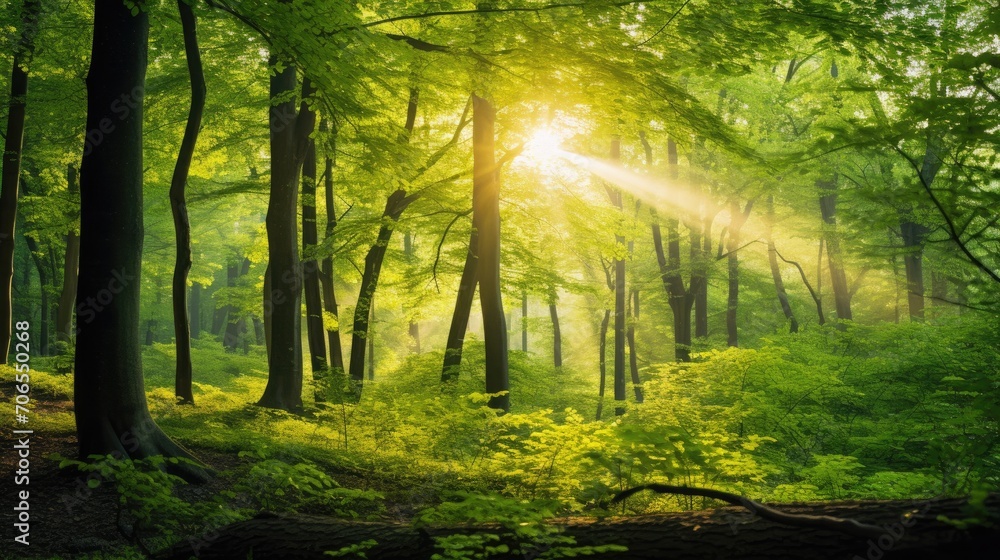 A forest with rays of golden sunlight shining through the vibrant green leaves