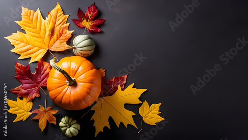 Thanks giving and Autumn decoration concept made from autumn leaves and pumpkin on dark background. Flat lay, top view with copy space