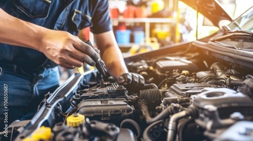 The skilled auto repair master meticulously tends to a car engine at the forefront of the auto service, showcasing expertise and dedication in automotive maintenance.