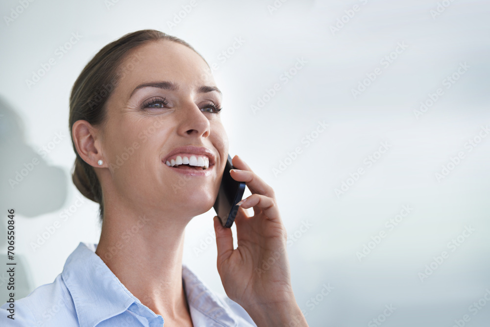 Phone call, businesswoman and face or smile with communication, discussion and networking at company. Entrepreneur, person and smartphone or mock up space with happy, conversation or advice at office Phone call, businesswoman and face or smile with communication, discussion and networking at company. Entrepreneur, person and smartphone or mock up space with happy, conversation or advice at office
