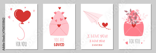 Valentine's day hand drawn greeting cards collection. Vector postcards with declaration of love on isolated background. Simple design with heart shaped balloons, envelope, flowers. Poster Template