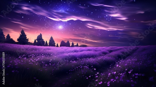 Moonlit Lavender Field and Starry Sky - AI Generated © VisualMarketplace