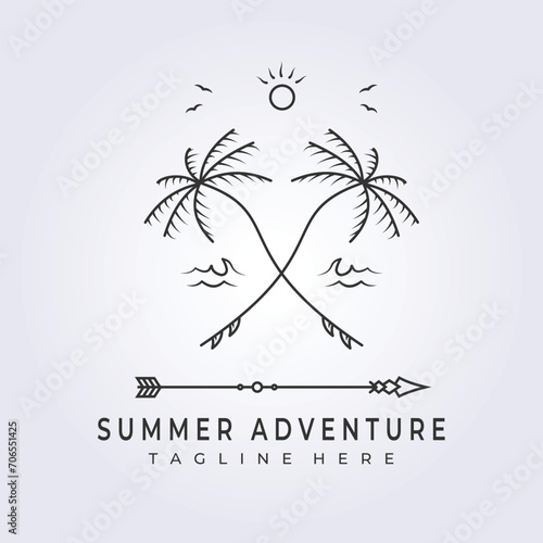 Tropical island and palm tree logo line art vector illustration template icon graphic design.