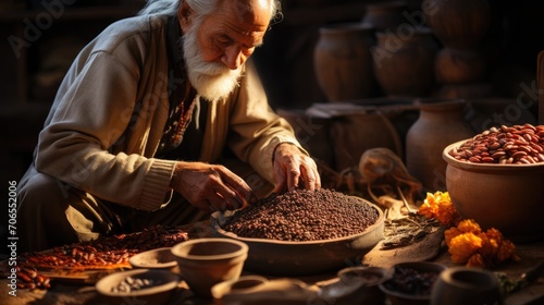 Man fills buckets with grains of coffee beans