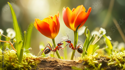 Valentinstag, Ameisen schenken sich Blumen. photo