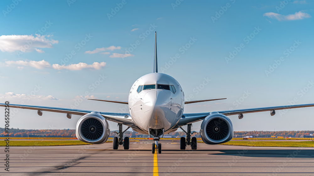 Naklejka premium Front view of an airplane on the runway