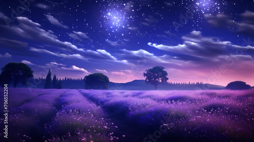 Moonlit Lavender Field and Starry Sky - AI Generated © VisualMarketplace