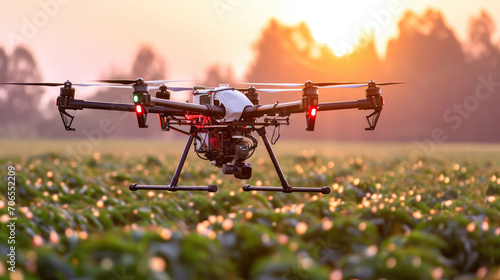 A drone flying over agricultural fields