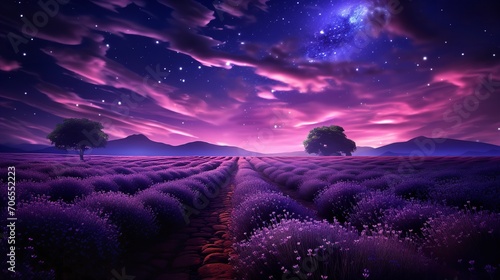 Moonlit Lavender Field and Starry Sky - AI Generated