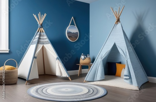interior design. children's wigwam in room on floor, blue walls and comfortable armchair
