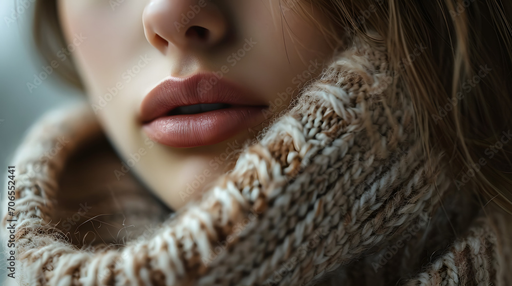 A close up macro detail of a woman wearing wool sweater, neutral colors, quiet luxury A close up macro detail of a woman wearing wool sweater, neutral colors, quiet luxury