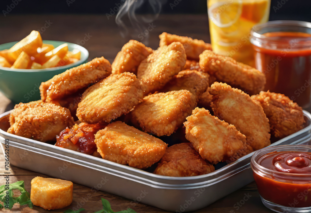 classic chicken nuggets, food in a container, boneless wings or BBQ chicken breast pieces with hot sauce, classic chicken nuggets, food in a container, boneless wings or BBQ chicken breast pieces with hot sauce,